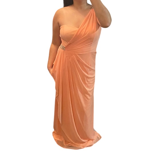 Xscape Peachy Orange On should Draped Embellished Gown - Picture 2 of 16